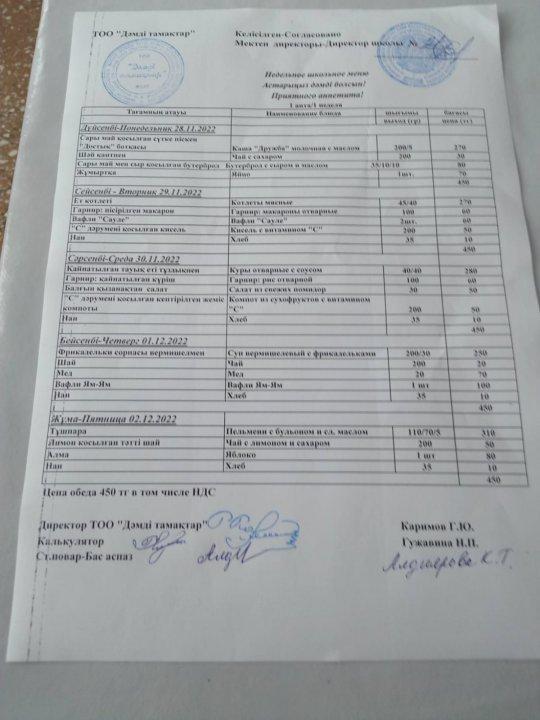 Асхананың апталық "Ас мәзірі" ТОО "Дәмді Тамактар"