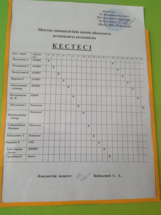 Асханадағы Әкімшіліктің кезекшілік кестесі