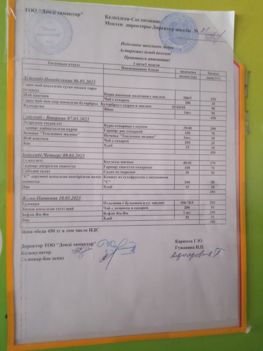 Асхананың 1 апталык Ас мәзірінің кестесі