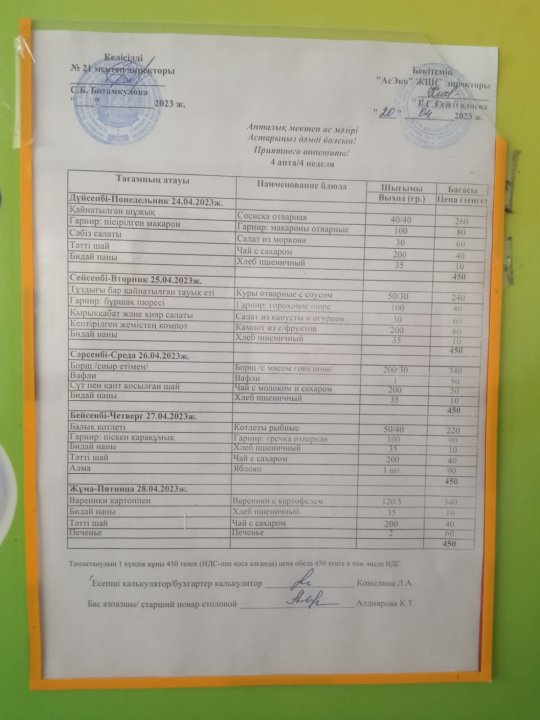 Асхананың Меню по питаниюнің кестесі