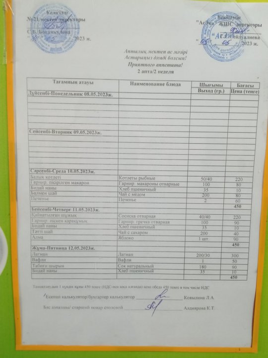 Асхананың 1 апталық Меню по питанию