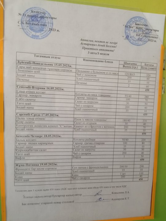 Асхананың 1 апталық ас мәзірі