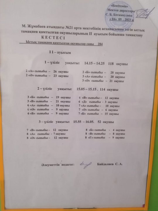 Асхананың тамақ ішу кестесі 2 ауысым