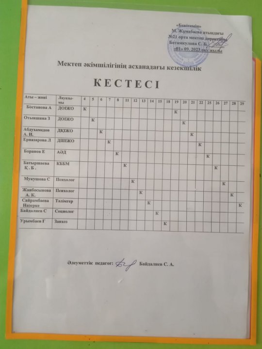 Асханадағы әкімшілік кезекшілік кестесі