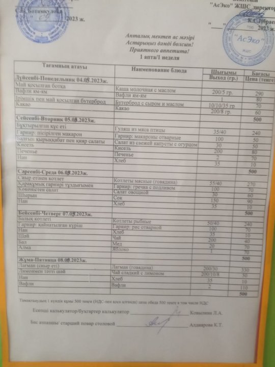 Асханадағы Меню по питанию