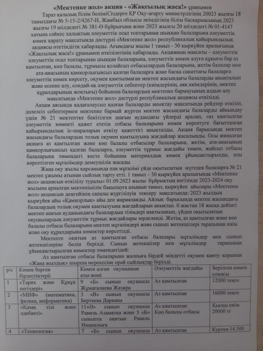«Мектепке жол»  акциясы туралы анықтама