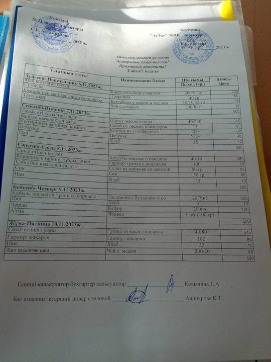 Aсхананың ас мәзірінің кестесі 1 апталық