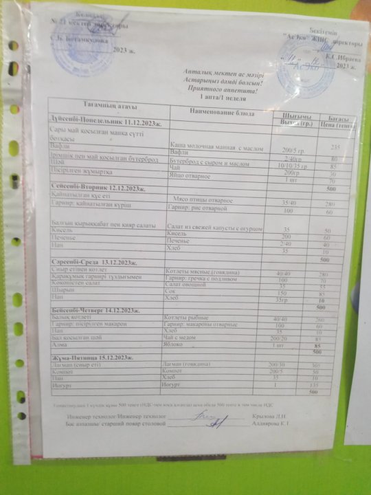 Асхананың апталық ас мәзірінің кестесі