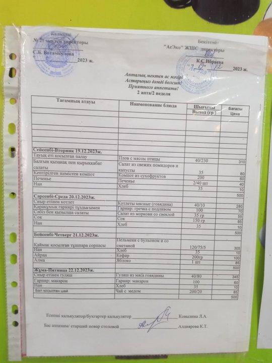 Асхананың апталық ас мәзірінің кестесі