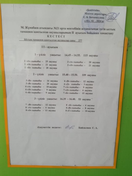 Мектеп асханасындагы 1 ауысымдағы окушылардын кіру кестесі