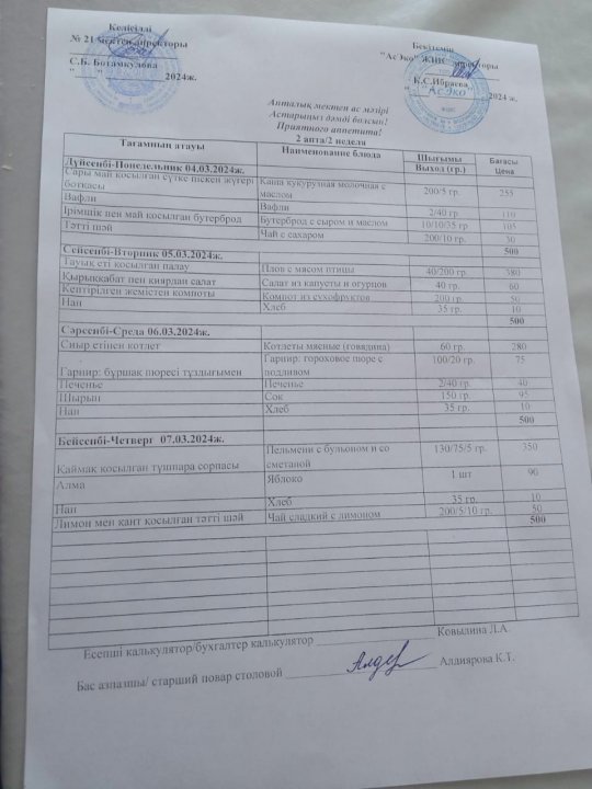 Асхананың апталык ас мәзірі