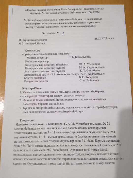 Бракераж комиссиясының асхананы тексеру корытындысының хаттамасы