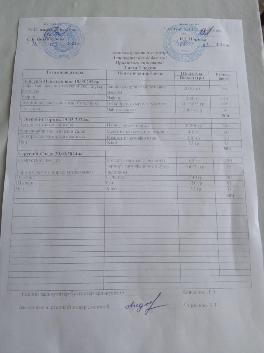 Асхананың апталық ас мәзірі