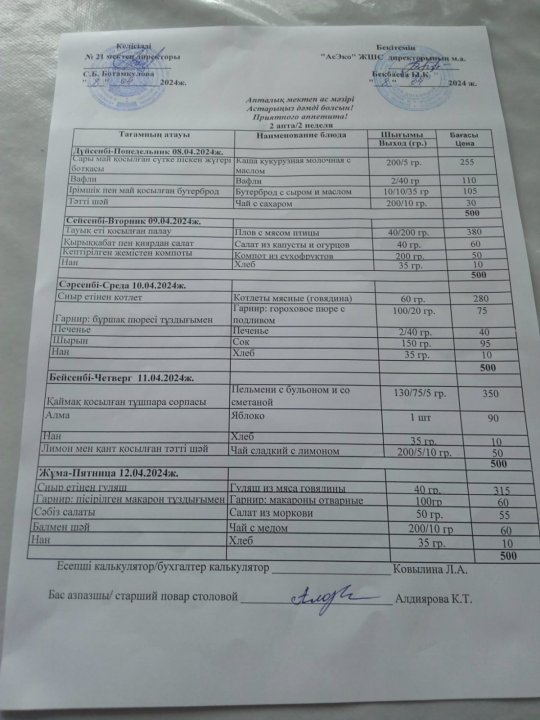 Асхананың апталық ас мәзірі