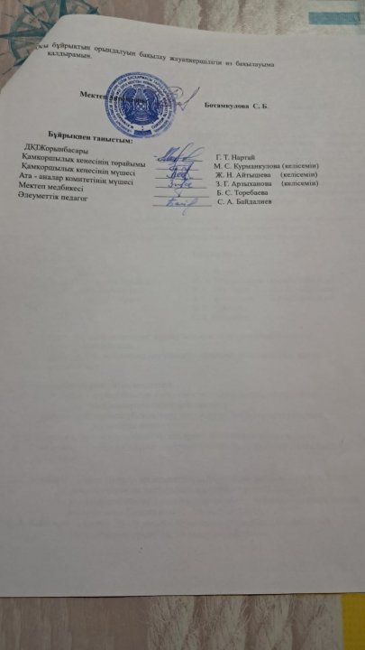 Мектеп әкімшілігінің асханадағы кезекшілік кестесі