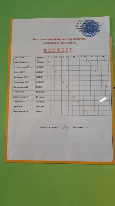 Мектеп әкімшілігінің асханадағы кезекшілік кестесі
