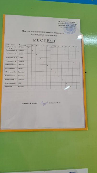 Асханадағы кезекшілік кестесі