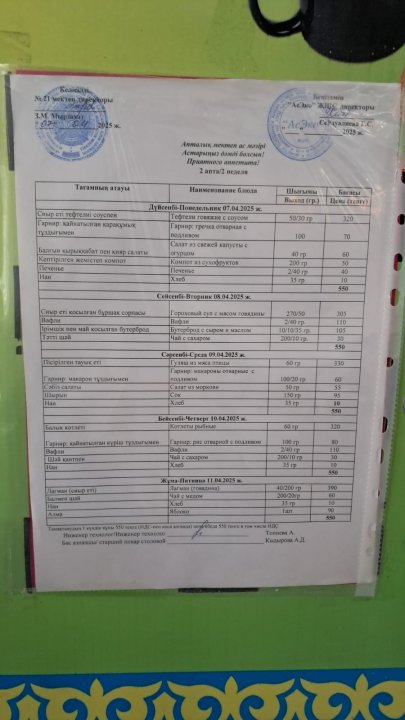 Апталық ас мәзірі