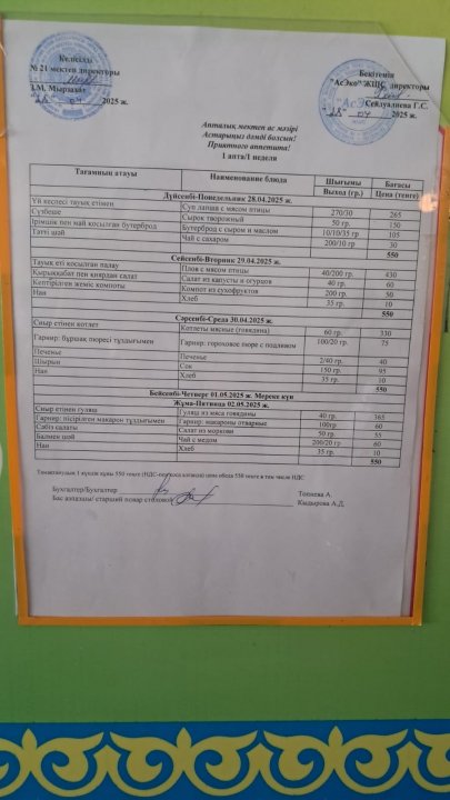 Апталық мектеп ас мәзірі