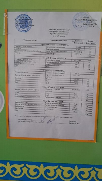 Апталық мектеп ас мәзірі