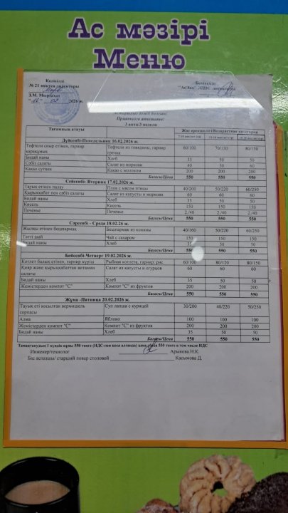 Апталық ас мәзірі
