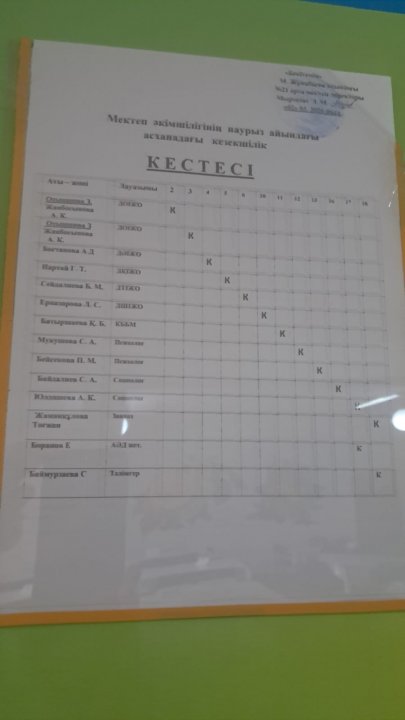 Мектеп әкімшілігінің кезекшілік кестесі